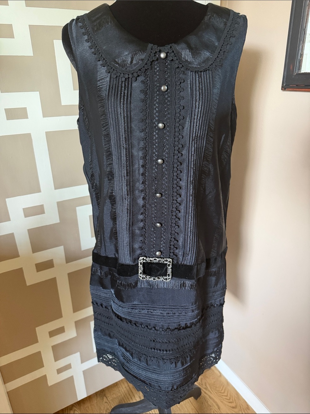Anna Sui Black Satiny Sleeveless Dress w/Lace & Pintuck Details, Sz M NWT